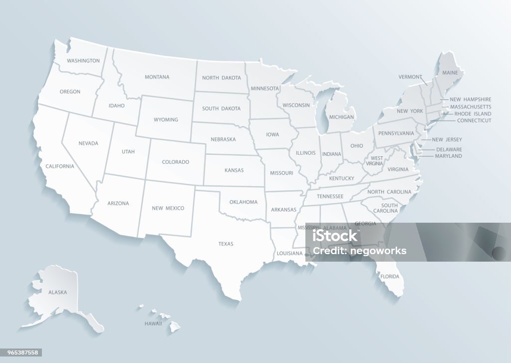Carte d’état de l’Amérique (États-Unis) unie avec les noms de ville. - clipart vectoriel de États-Unis libre de droits