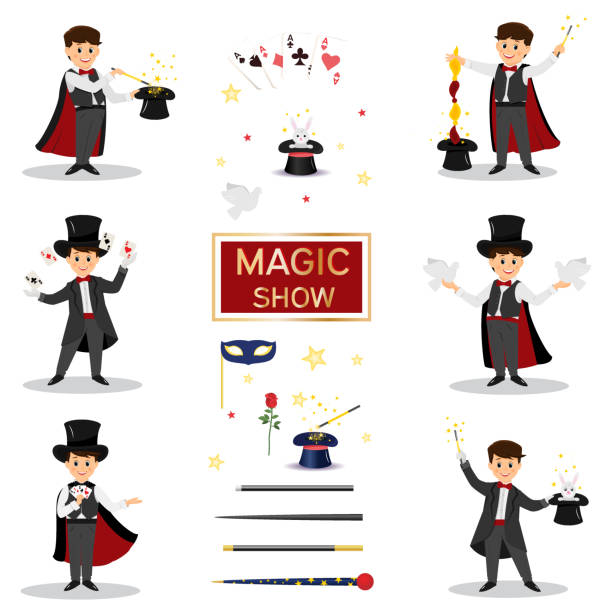 . 비둘기, 카드 놀이와 마술사 - magic magic trick magician magic wand stock illustrations