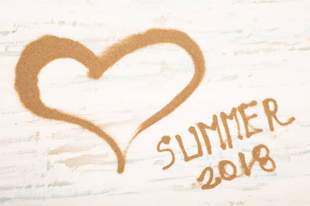 hearth shape of sea sand with 2018 summer text on a vintage blue and white painted wooden background