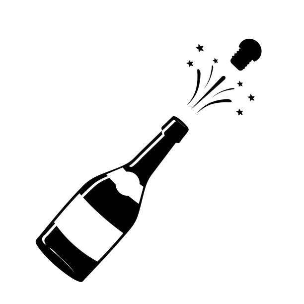 ilustraciones, imágenes clip art, dibujos animados e iconos de stock de icono de champagne. silueta negra de una botella de champagne. iconografía. ilustración de vector. - champagne