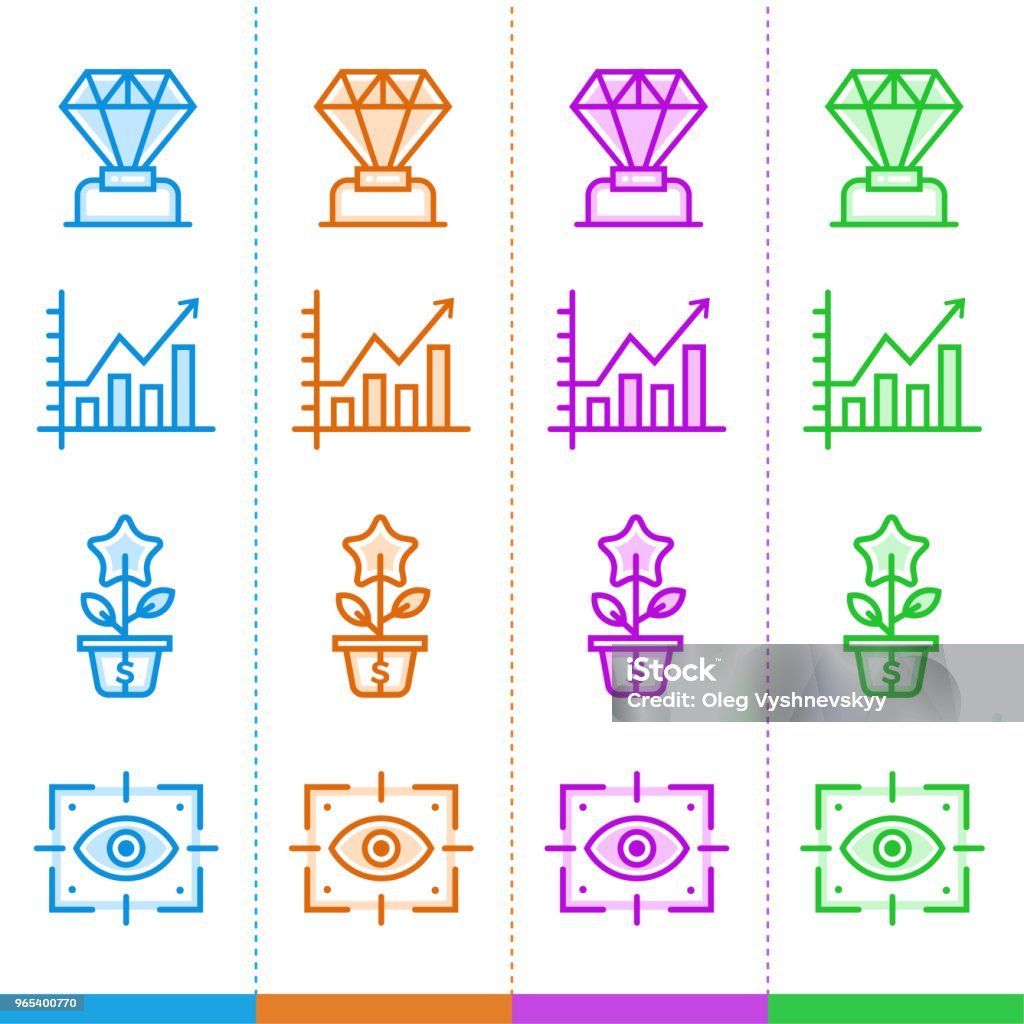 Wektorowy zestaw ikon liniowych dla nowej firmy w różnych kolorach. Nadaje się do strony internetowej, aplikacji mobilnych i drukowania. - Grafika wektorowa royalty-free (Bez ludzi)