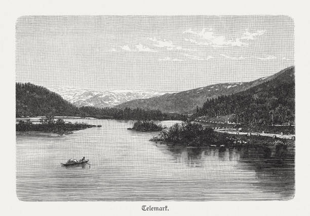 istock River lake in Telemark, Norway, wood engraving, published in 1897 965401654