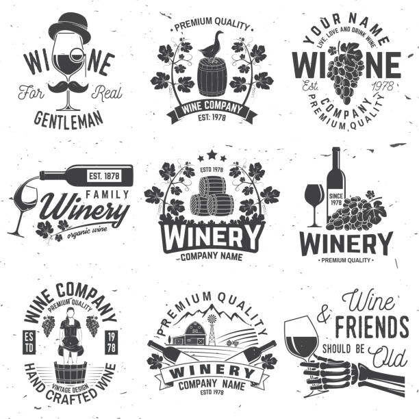 ilustraciones, imágenes clip art, dibujos animados e iconos de stock de conjunto de winer empresa insignia, símbolo o etiqueta. ilustración de vector - alambique