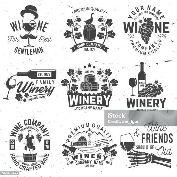 Set Winer Bedrijf Badge Teken Of Etiket Vectorillustratie Stockvectorkunst en meer beelden van Distillerijvat