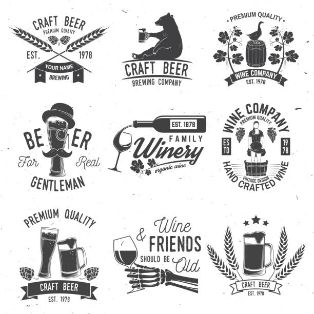 Set of Craft Beer and Winery company badge, sign or label. Vector illustration Set of Craft Beer and Winery company badge, sign or label. Vector illustration. Vintage design for winery company, bar, pub, shop, branding and restaurant business. Coaster for beer, wine glasses wine and oenology graphic stock illustrations