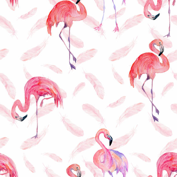 istock Watercolor seamless tropical trendy pattern with flamingos and feathers. Summer background. 965409636