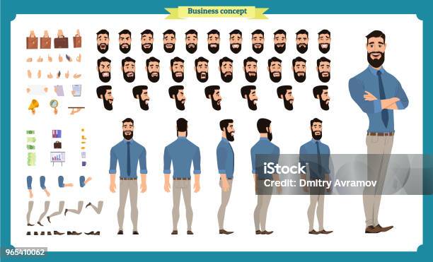 People Character Business Set Front Side Back View Animated Character Businessman Character Creation Set With Various Views Face Emotions Poses And Gestures Flat Isolated Vector Stock Illustration - Download Image Now
