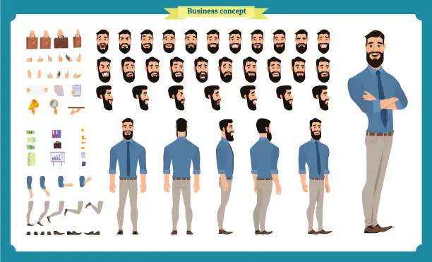 Vector illustration of People character business set. Front, side, back view animated character. Businessman character creation set with various views, face emotions, poses and gestures. flat isolated vector