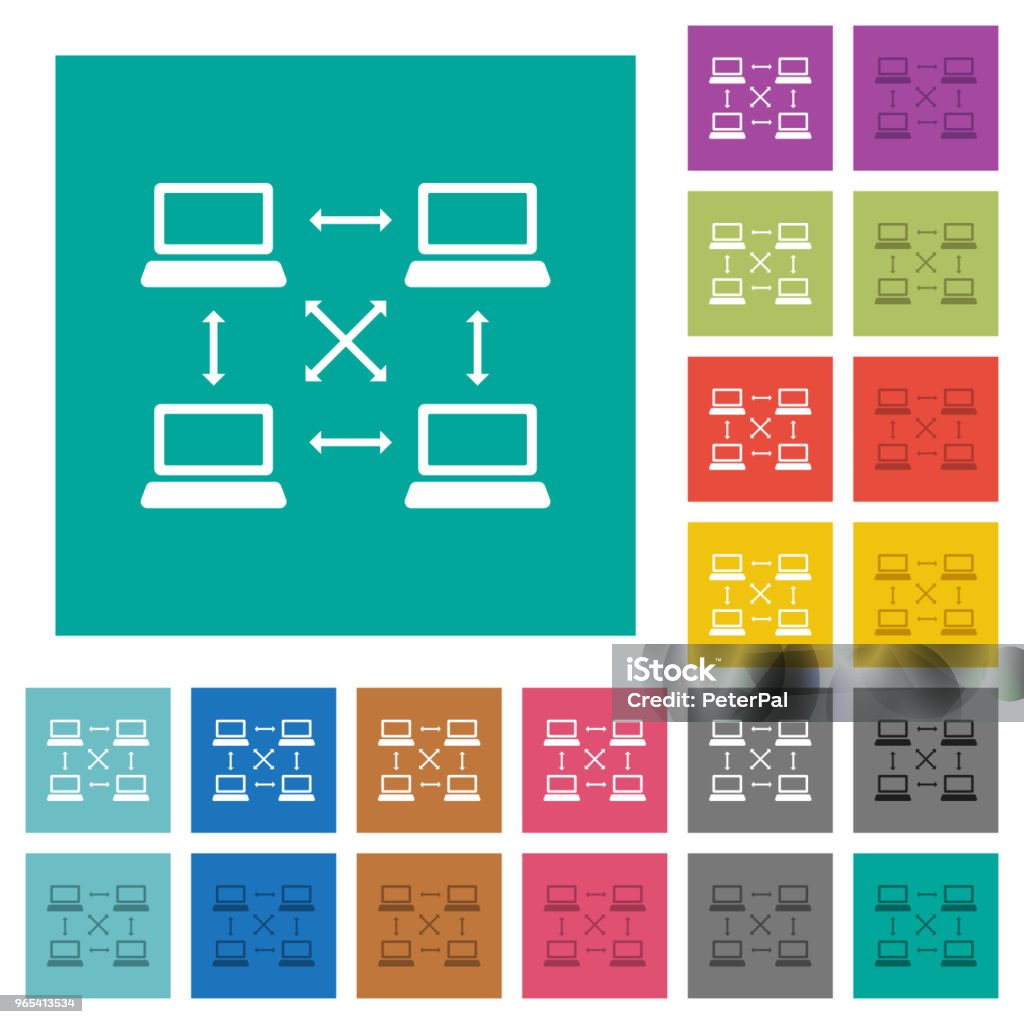 Content delivery network square flat multi colored icons Content delivery network multi colored flat icons on plain square backgrounds. Included white and darker icon variations for hover or active effects. Angle stock vector