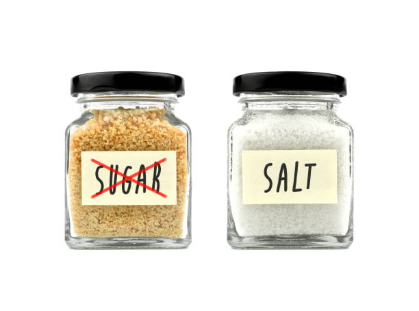 istock No sugar and salt set in a glass bottle isolated on white background, with word on yellow stick note paper and black lid. Modern and stylish. Close up. 965415708