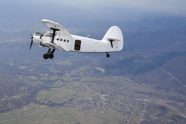 Vintage biplane in air