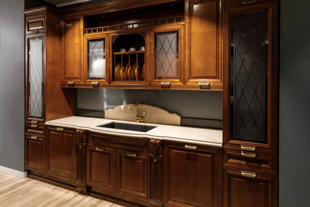istock Renovated kitchen interior with wooden cabinets and sink 965420930