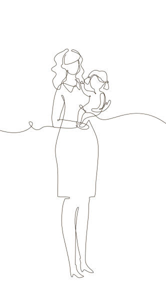 Mother with a child - one line design style illustration Mother with a child - one line design style illustration isolated on white background. Composition with young woman holding a little daughter. Perfect for presentations sequence dress stock illustrations
