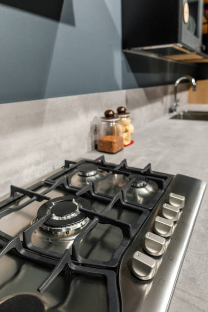 istock Interior of modern kitchen with metal stove on counter 965421474