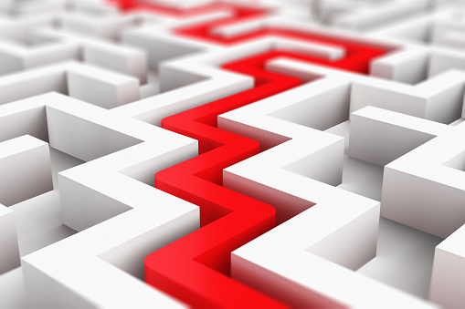 Creative abstract success, perspective vision, marketing, strategy, finding solution and motivation business communication concept: 3D render illustration of the red path across endless white labyrinth