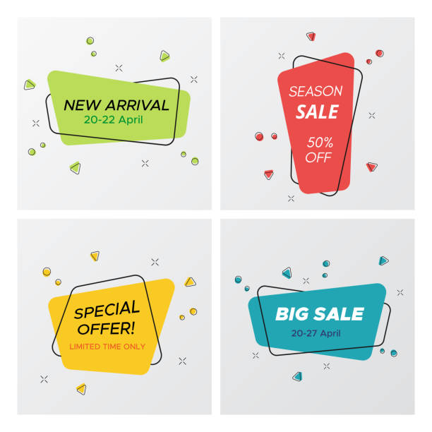 Set of round corners rectangle promo sale tags Set of flat geometric sale banner in trendy concept. Simple graphic round corners rectangle shape promo sticker with vivid colors. Vector illustration with sale tags for business promotion. rectangle stock illustrations