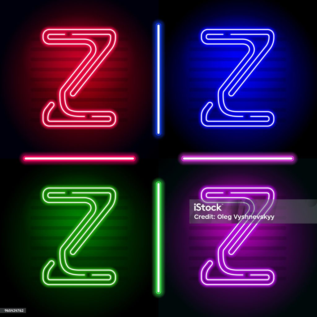 Ensemble de néon réaliste lettres avec des couleurs différentes néon brillent sur fond sombre. Fonte de néon de vecteur pour votre conception unique - clipart vectoriel de Abstrait libre de droits