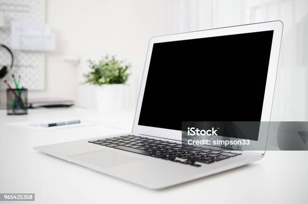Laptop Mockup Blank Black Screen Stock Photo - Download Image Now - Laptop, Computer, Desk