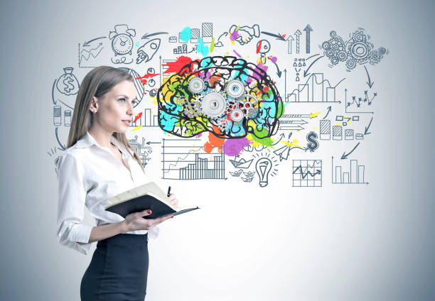 istock Blonde businesswoman with a notebook, cog brain 965428506