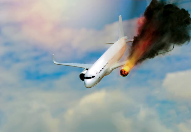 istock Passenger air plane crash, Flame of airplane engine 965429488