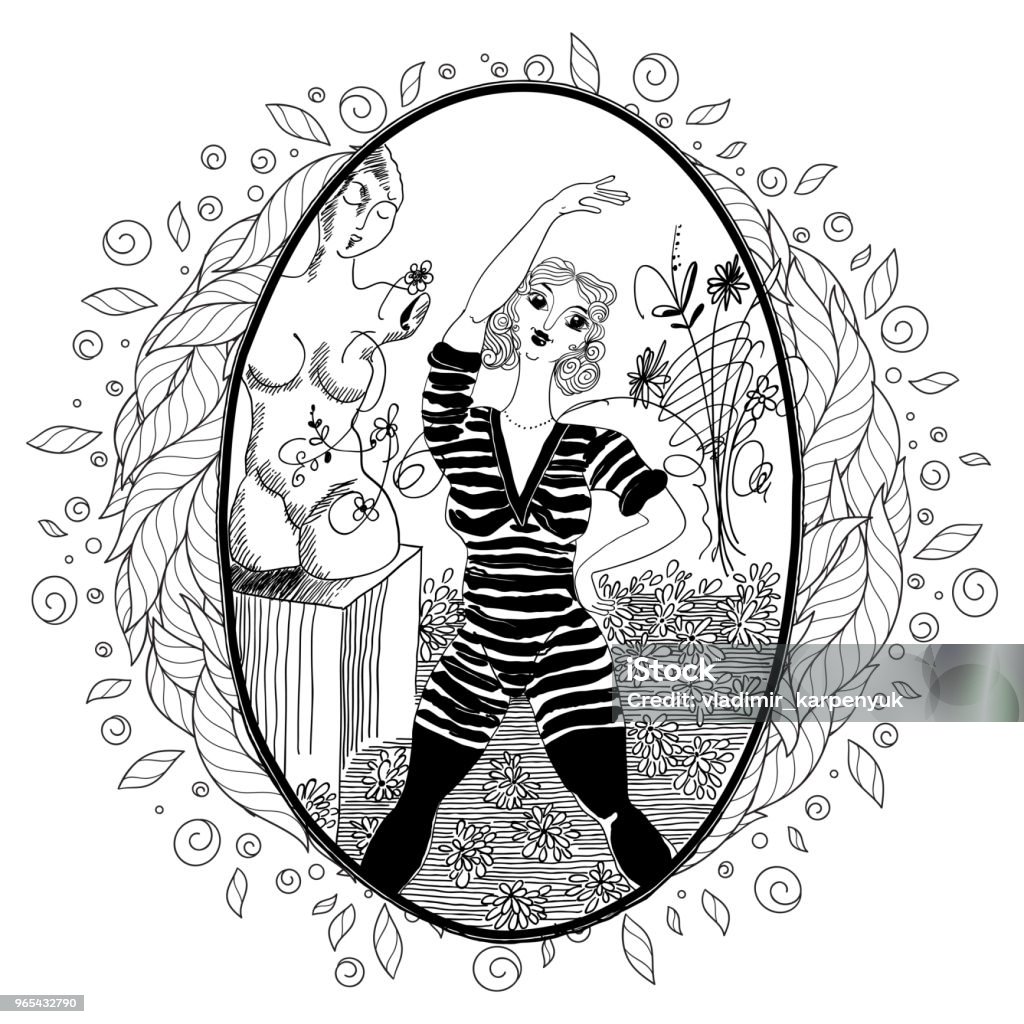 Pattern for coloring book for adult. Vintage girl doing morning exercises. Pattern for coloring book for adult. Vintage girl doing morning exercises. Set of illustrations. Active Lifestyle stock vector