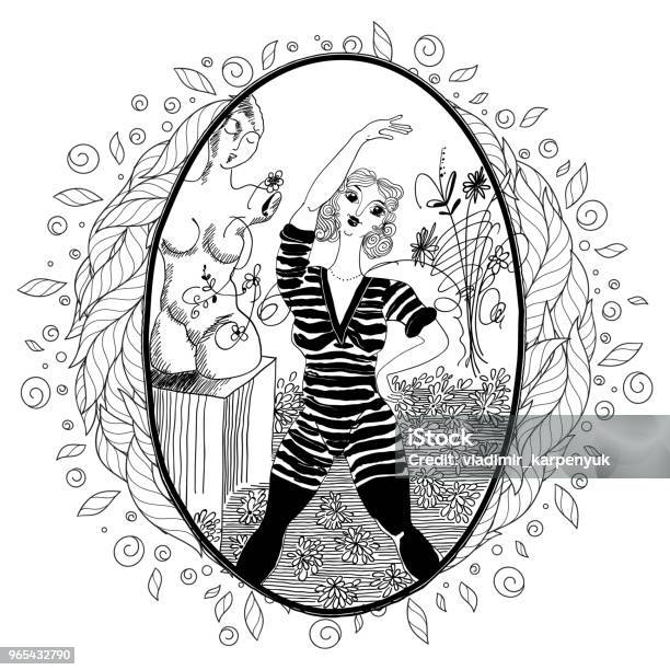 Pattern For Coloring Book For Adult Vintage Girl Doing Morning Exercises Stock Illustration - Download Image Now