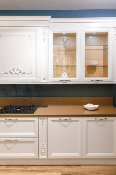 istock Stylish kitchen with elegant wooden counter 965433224