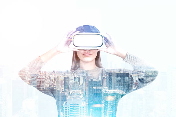 istock Woman in VR glasses, modern cityscape 965436710