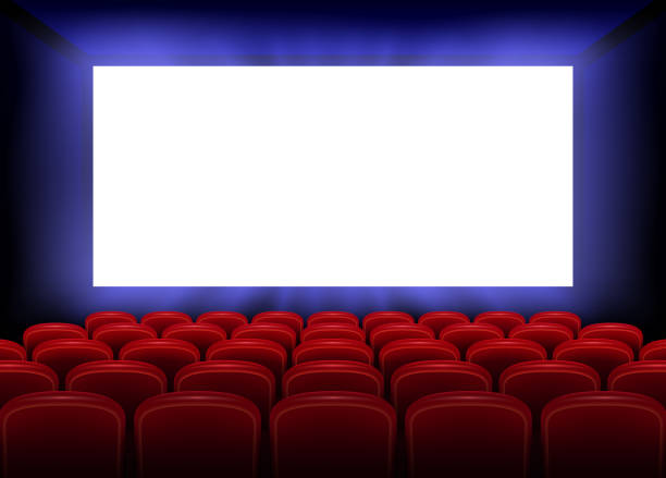 istock Cinema movie premiere poster design with empty white screen. Realistic cinema hall interior with red seats. Vector illustration 965439410