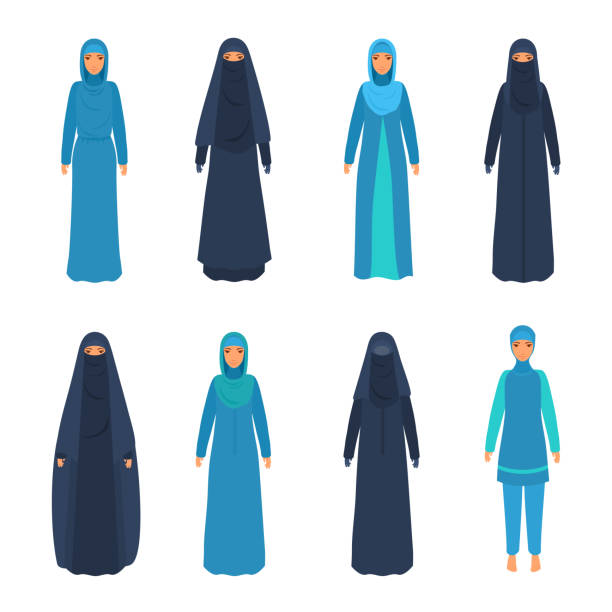 ilustraciones, imágenes clip art, dibujos animados e iconos de stock de conjunto de varias mujeres del oriente en ropa religiosa nacional. - nikab veil islam arabia