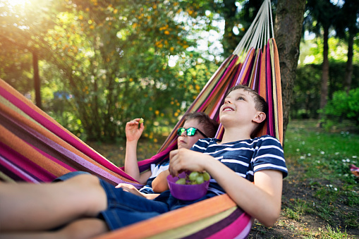 Little boys aged 8 are eating grapes on hammock. Kids are just being lazy on a sunny summer day.
Nikon D850