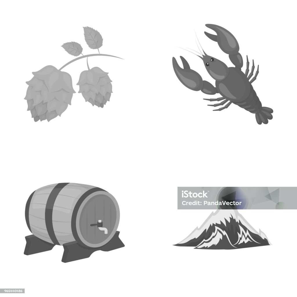 Alps, a barrel of beer, lobster, hops. Oktoberfestset collection icons in outline style vector symbol stock illustration web. Alps, a barrel of beer, lobster, hops. Oktoberfestset collection icons in outline style vector symbol stock illustration . Bavaria stock vector