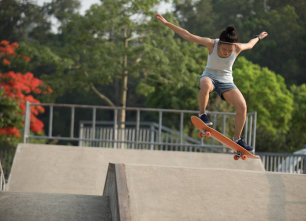istock skateboarder skateboarding on skatepark ramp 965440572