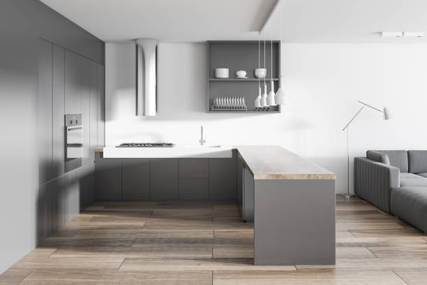 istock White and gray kitchen and living room interior 965441150