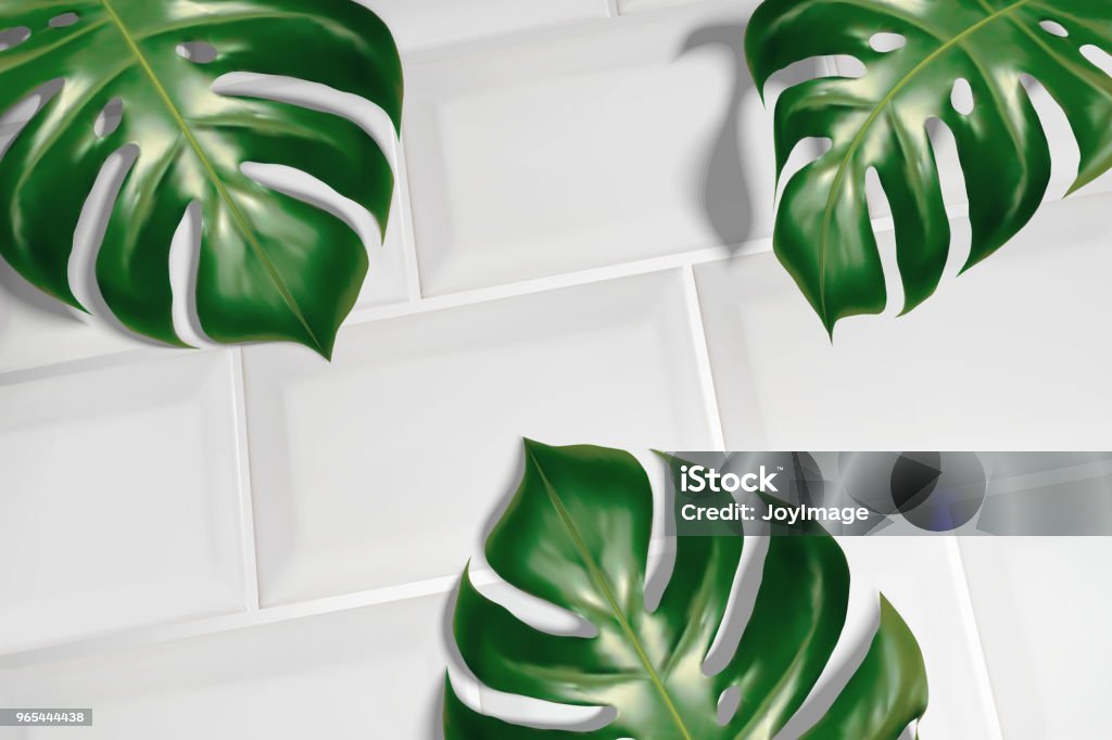 白色瓷磚上的熱帶葉子 - 免版稅台灣圖庫向量圖形