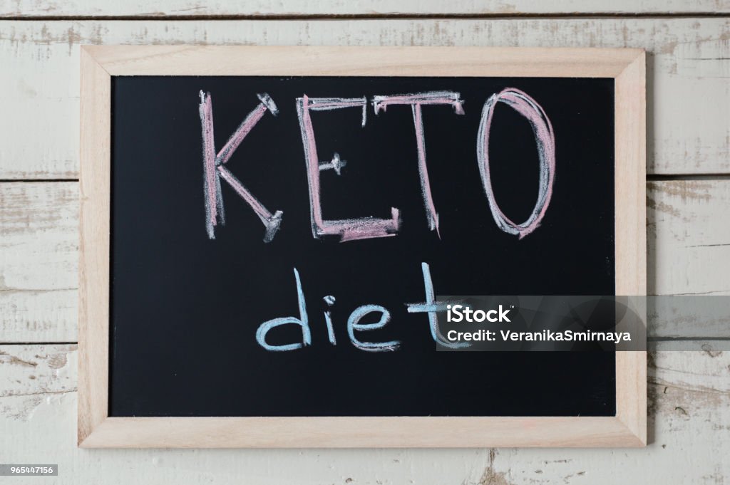 Blackboard with text "Keto Diet" on wooden background, top view. Ketogenic diet concept, a new trend in slimming. Nutrition concept Ketogenic Diet Stock Photo