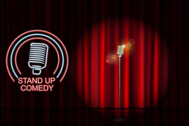 istock Stand up comedy with neon microphone sign and red curtain backdrop. Comedy night stand up show or karaoke party. Vector illustration 965448118