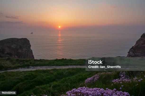 Sunset Over The Cornish Coastpath At Perranporth Airfield Cornwall Stock Photo - Download Image Now