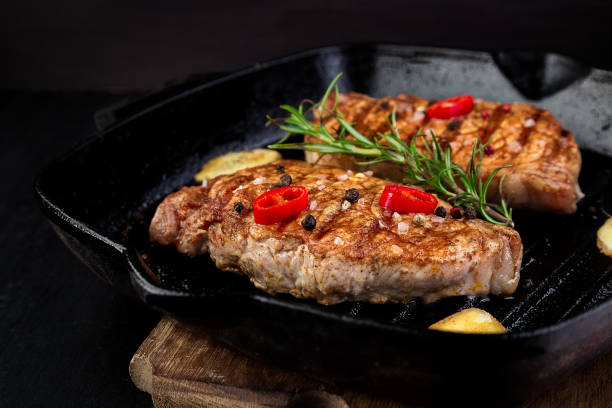 Grilled pork steak in grill pan