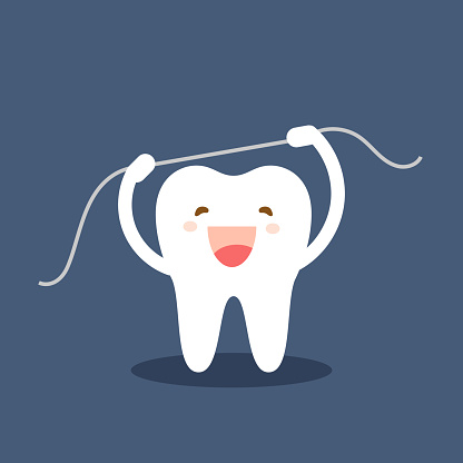 Happy tooth icon. Cute tooth characters. Brushing teeth flossing. Dental personage vector illustration. Oral hygiene, teeth cleaning. Flat illustration on the theme of dentistry. Isolated vector