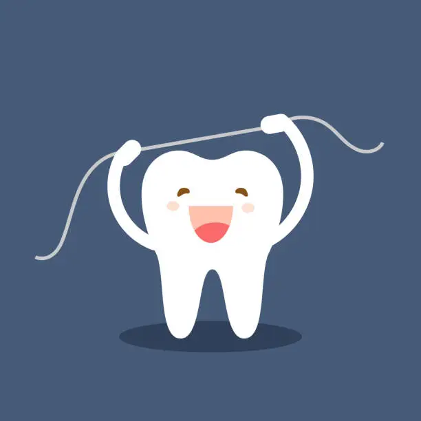 Vector illustration of Happy tooth icon. Cute tooth characters. Brushing teeth flossing. Dental personage vector illustration. Oral hygiene, teeth cleaning. Flat illustration on the theme of dentistry. Isolated vector.