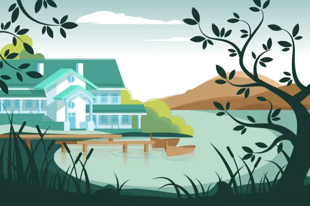 Vector illustration of Country house on river bank