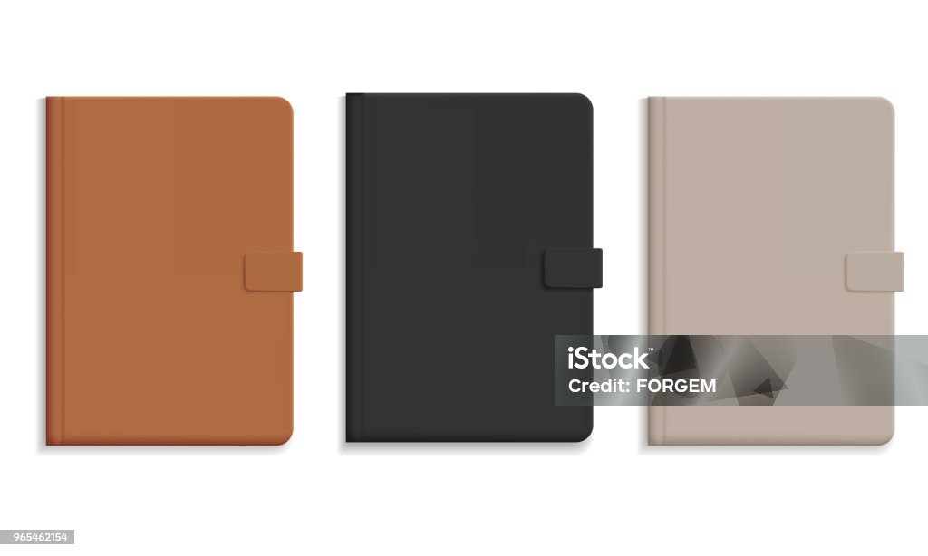 Set of diary or notebook in hard leather cover, black and brown and champagne color - vector Leather stock vector