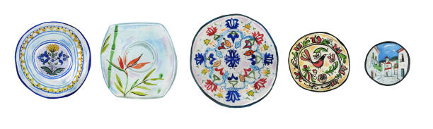 istock Hand drawn watercolor illustration set of ornamented ceramic plates and dishes 965470122