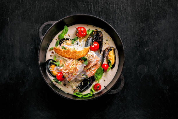 istock Bass fish and seafood with rice noodles 965473468