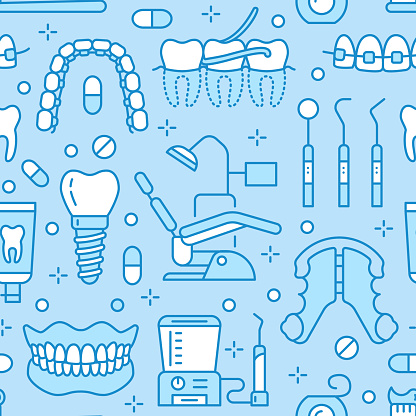 Ilustración de Dentista Ortodoncia Azul De Patrones Sin Fisuras Con Los  Iconos De La Línea Cuidado Dental Equipos Médicos Apoyos Prótesis Dental  Seda Tratamiento De Caries Pasta De Dientes Fondo De Salud