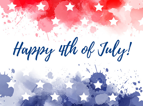 Happy 4th of July! Abstract background with watercolor splashes in flag colors for USA Independence day holiday. Blue and red colored with stars. Template for holiday background, invitation, flyer, etc.