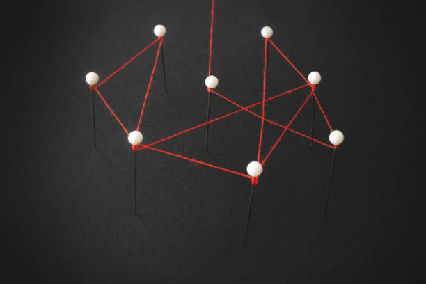 organizational structure or social network concept with pins and thread illustrating linkages and connections