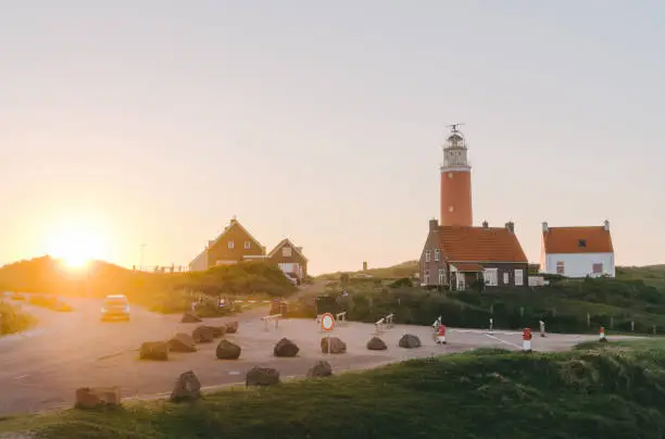 Lighthouse on Texel island at sunset, the Netherlands