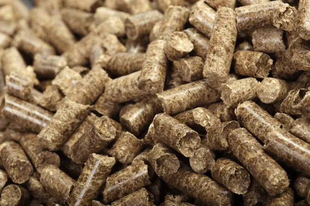Photo of Wood pellets in the background.